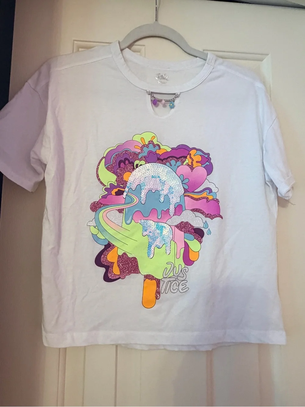 Girls Justice White Tee with Pastel Drip Ice Cream Graphic